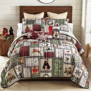 Christmas Holiday Patchwork Quilted Bed Set Black Bear Lodge Cabin Country Plaid